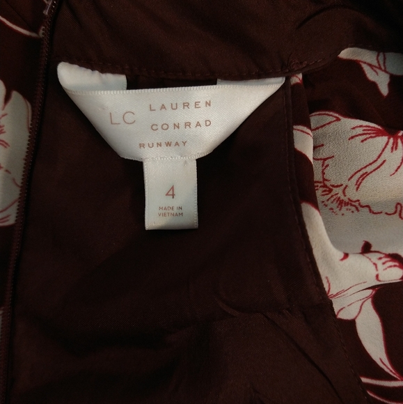 Lauren Conrad Runway Floral Ruffle Burgundy High Neckline Midi Dress 4 - Picture 10 of 12